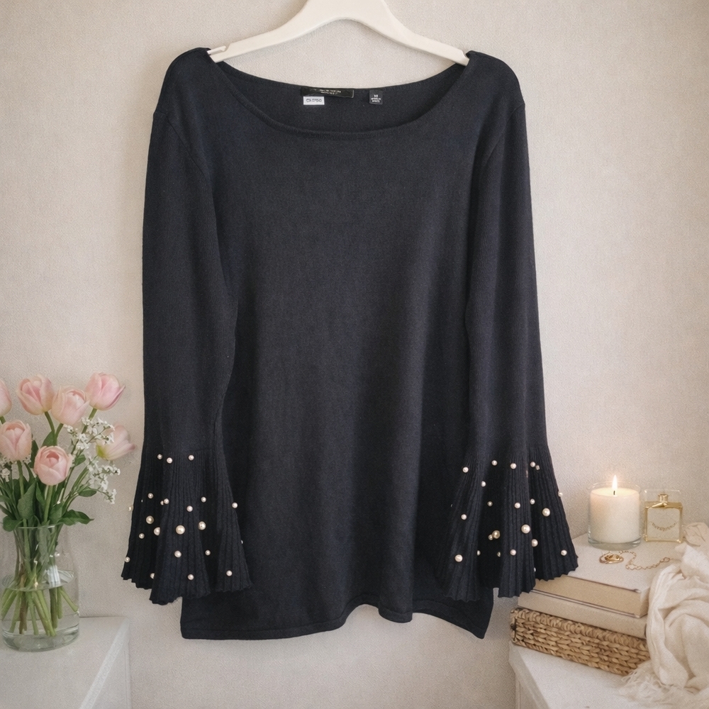 Cyrus 1X Black Knit Pearl Studded Bell Sleeve Top